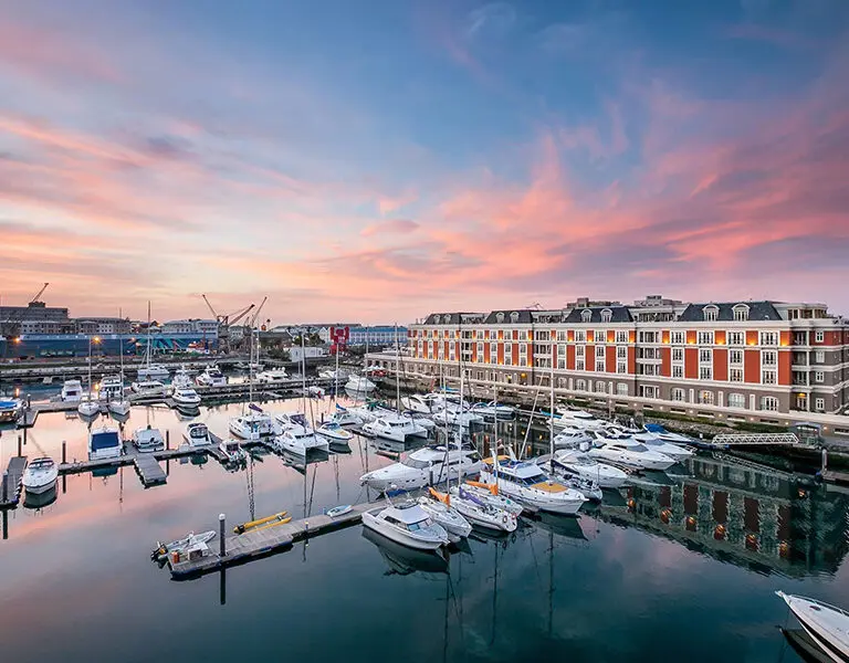 Exterior view of V&A Waterfront harbour and Cape Grace Hotel.