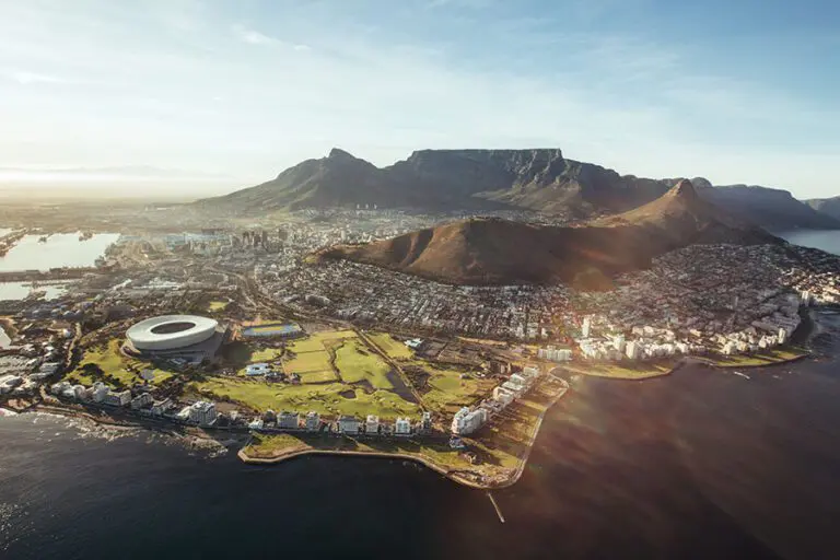 Aerial view of Cape Town with Cape Town Stadium, Lion's Head and Table Mountain.