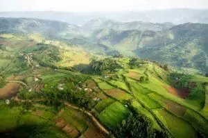 Vista aérea de las onduladas colinas de Uganda.