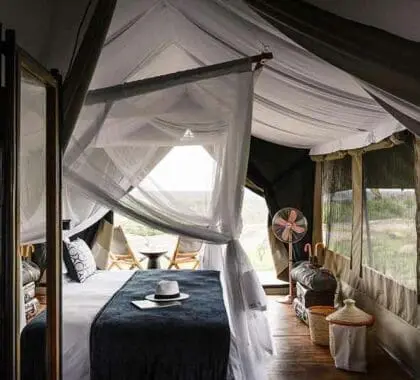 Interior de la tienda del campamento Kichakani Serengeti.