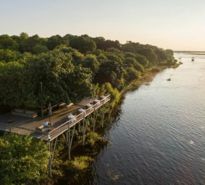 Chobe Game Lodge viewing deck and a full Chobe River. 