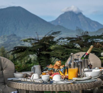 Breakfast with sensational views at Sabyinyo Silverback Lodge.