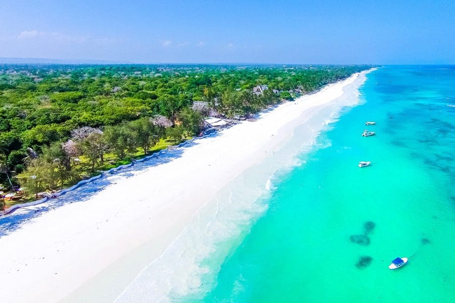 Diani beach sits between thick lush greenery and turquoise waters