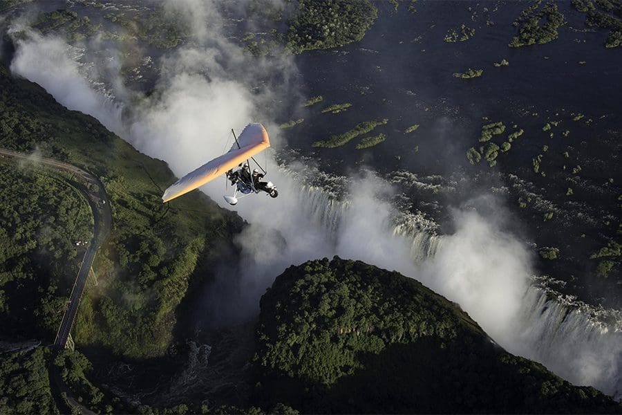 Microlighting over Victoria Falls in Zambia.