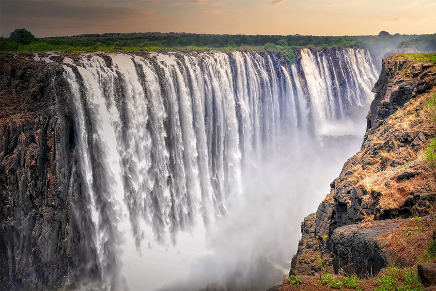 A shot of the waterfall at Victoria Falls, Zambia.