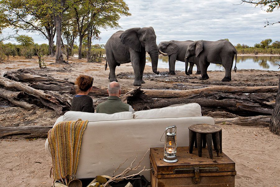 Two people sitting on a couch watch nearby elephants and a waterhole from Hyena Pan Camp | Go2Africa
