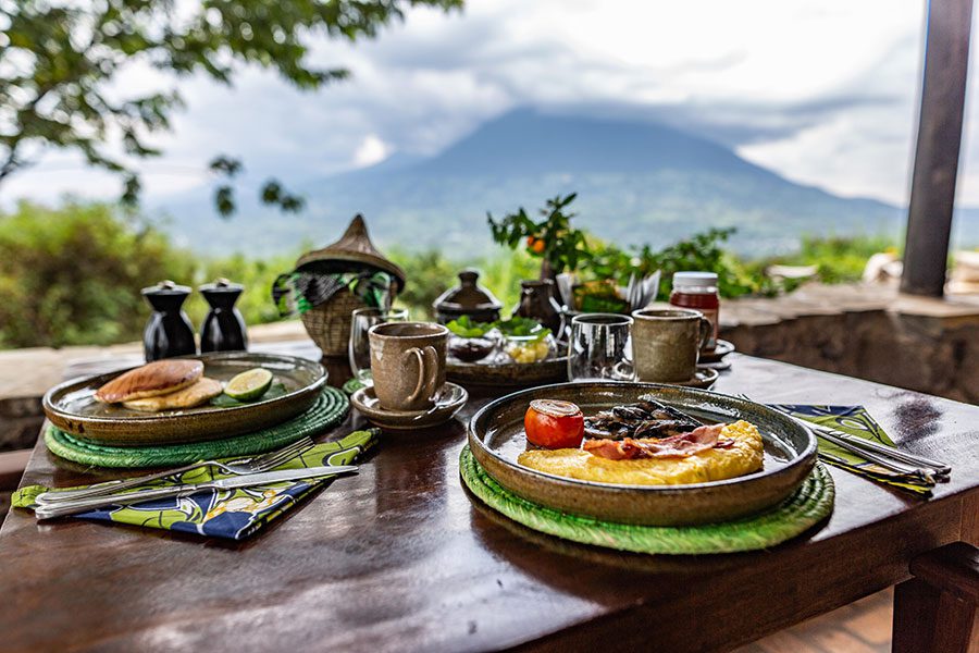 Breakfast with a view of Virunga Volcanoes.
