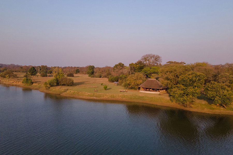 Exterior of Nanzhila Lake Camp in Zambia.