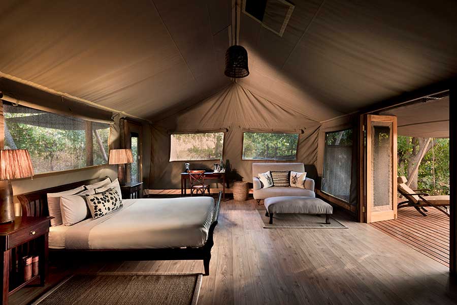 The interior of your tent at Linyanti Bush Camp in Botswana