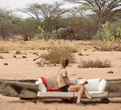 Watch wildlife from the comfort of the Saruni Rhino Lodge in Kenya.