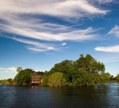 Sindabezi Lodge on an island just upstream from the Victoria Falls on the Zambezi River.