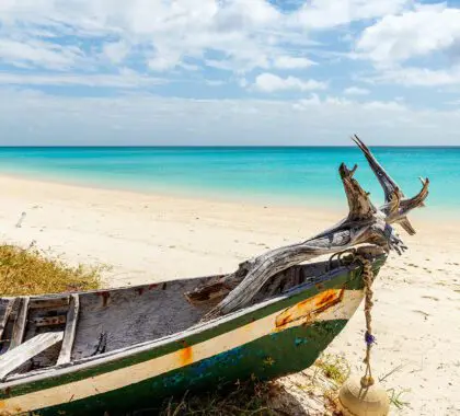 Traditional dhow on a beach in Mozambique.