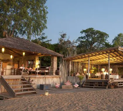 The main lodge area is next to the beach. 