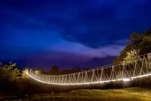 Walkways lit up at night.