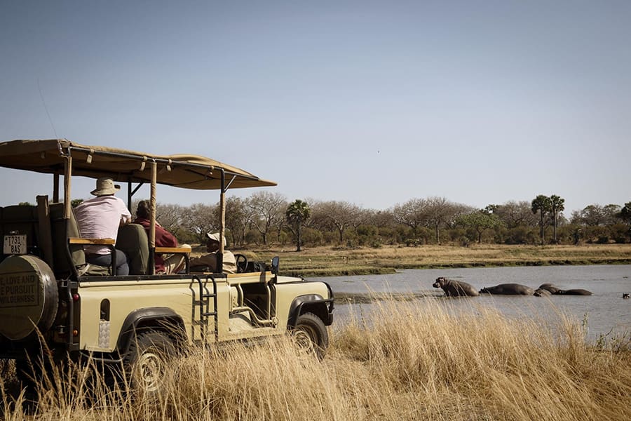 Safari vehicle stops by a river to view hippos in Katavi National Park, Tanzania.