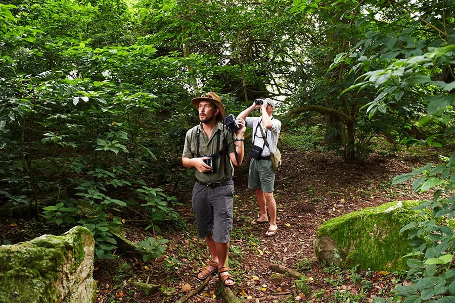 Personas en una excursión con chimpancés en la isla de Rubondo, Tanzania.