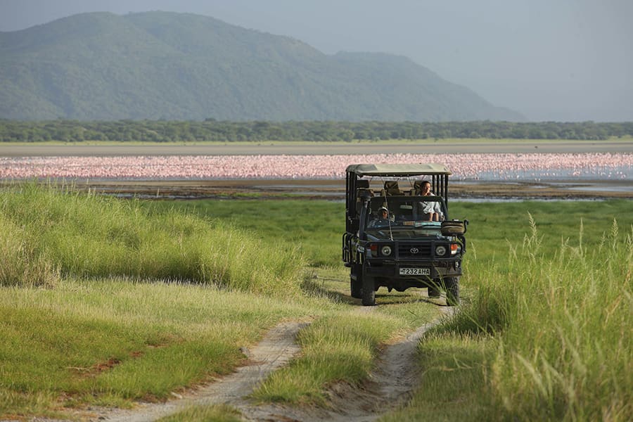 Safari vehicle on a game drive through Lake Manyara National Park in Tanzania.