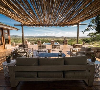 Pergola with a comfortable lounge overlooking the Serengeti.