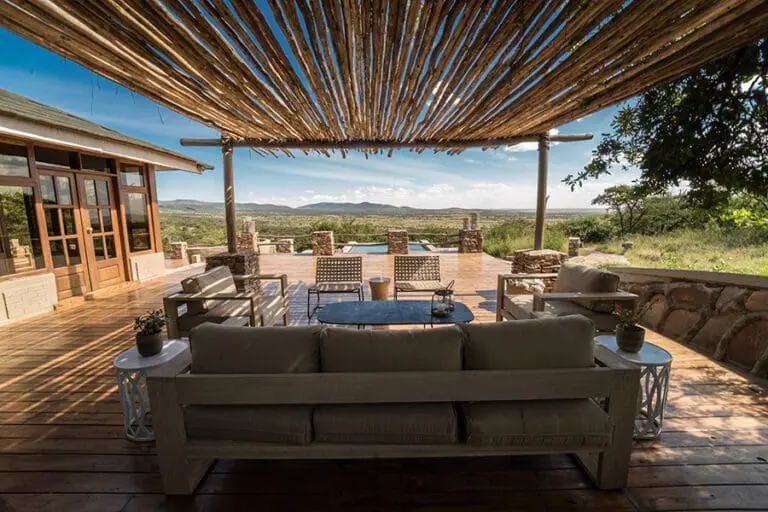 Pergola with a comfortable lounge overlooking the Serengeti.