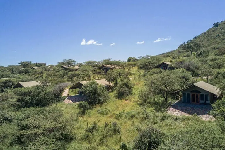Taasa lodge luxury tents overlooking the Serengeti plains.