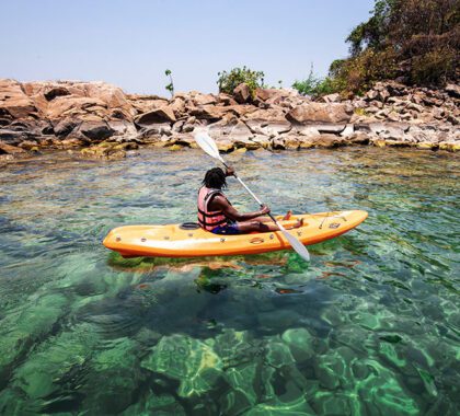 Water activities include kayaking - a great way to explore the island shoreline. 