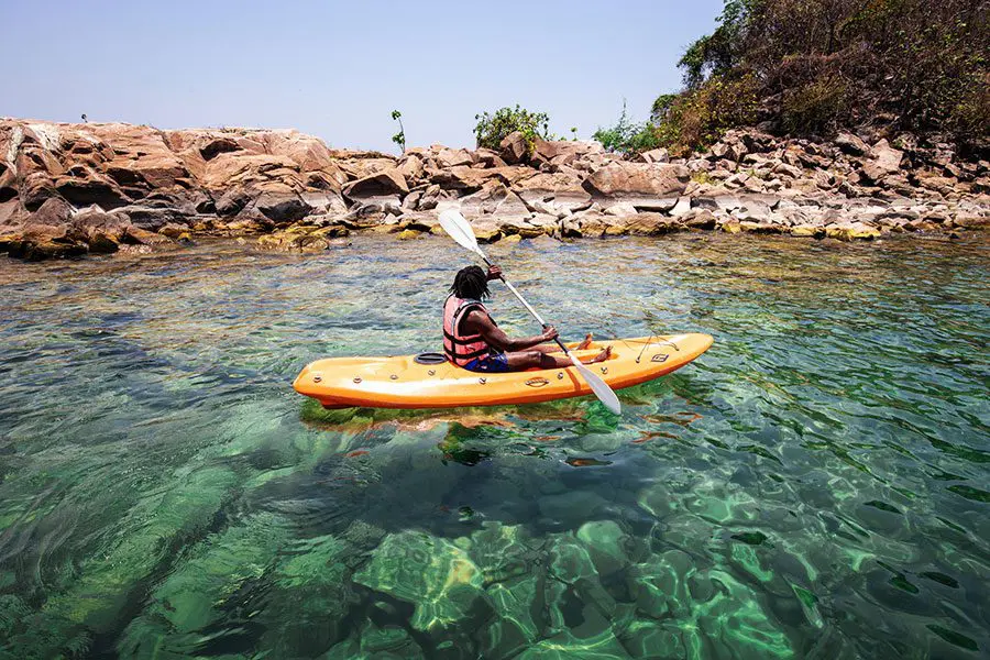 Water activities include kayaking - a great way to explore the island shoreline. 