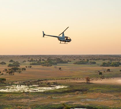 Helicopter soars over the Okavango Delta