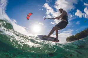 Kitesurfing at Dinarobin Beachcomber Golf Resort & Spa. 