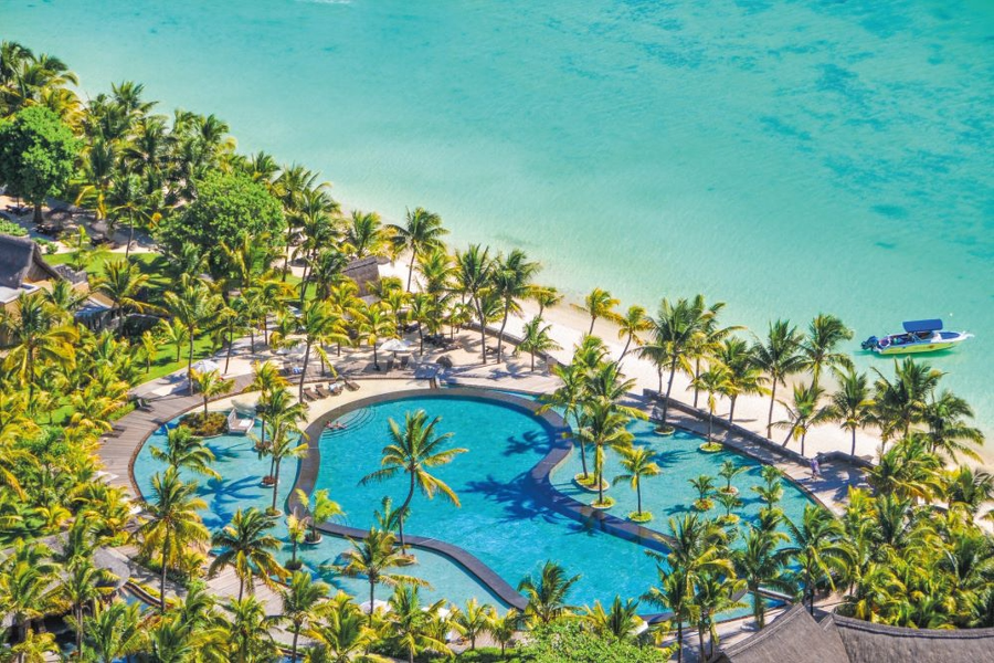 An aerial view of the pool and beach at Beachcomber Troux aux Biches Golf Resort & Spa in Mauritius | Go2Africa