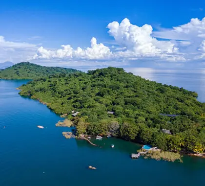 The lodge situated on Nankoma Island within the Lake Malawi National Park.