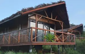 An exterior view of a bungalow.