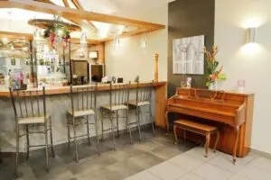 The bar, complete with piano.