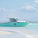 Boat cruises on azure waters. 