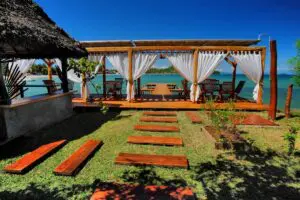 Lush gardens leading to the deck.