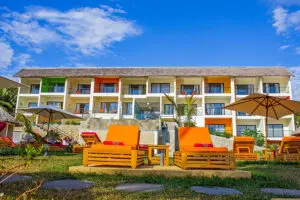 Exterior of Exora Beach Hotel. 