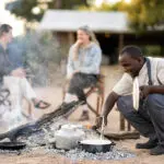 A hearty breakfast prepared on the fire. 