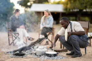 A hearty breakfast prepared on the fire. 