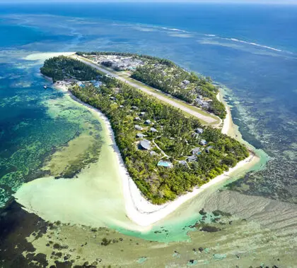 Bird's eye view of Platte Island, part of the Seychelles archipelago.