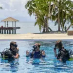 Toma clases de buceo.