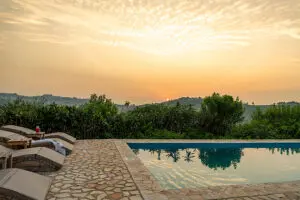 The swimming pool has cushioned loungers - perfect for relaxing in between meals and activities. 