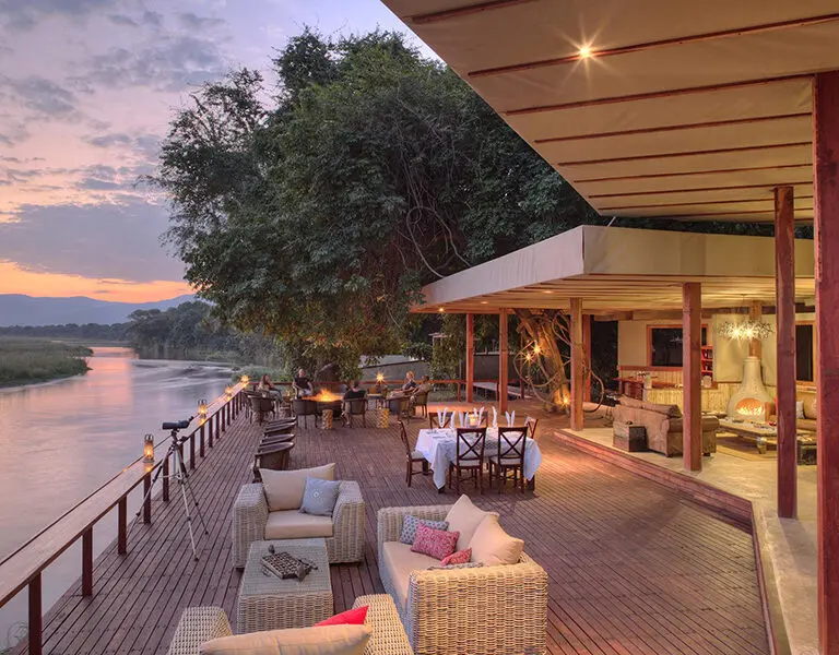 The main deck at Sausage Tree Camp overlooks the Zambezi.