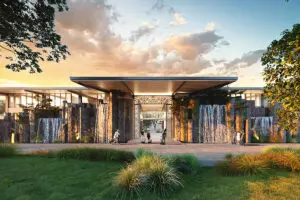 Artists render of the entrance to Waterfalls Lodge, opening June 2025.