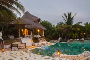 The private villa at dusk. 