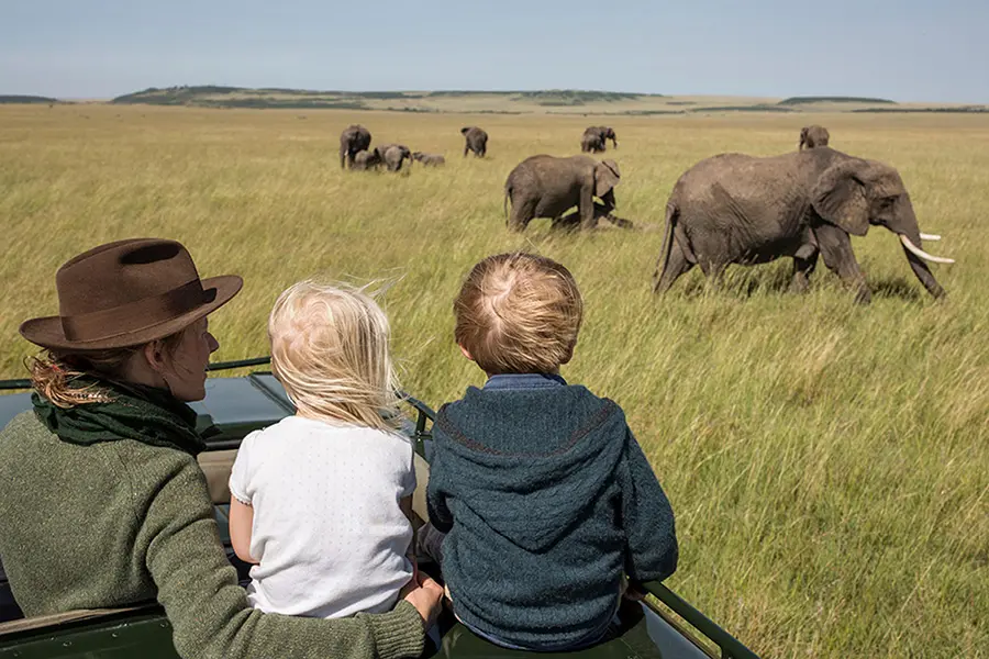 Dos niños pequeños y un adulto observan a los elefantes durante un safari | Go2Africa