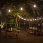 Night time at camp, lit up to create the perfect ambiance. 