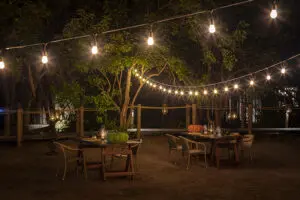 Night time at camp, lit up to create the perfect ambiance. 