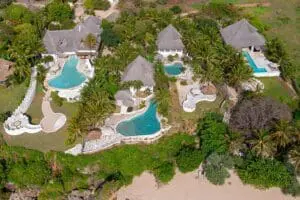 An aerial view of the luxurious Msambweni Beach House. 