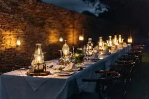 Relish in outdoor boma dining with a lantern-lit ambiance.