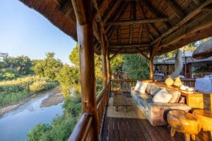 The raised deck area overlooks the river. 