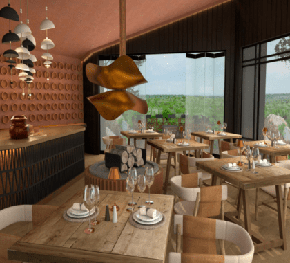Disfrute de deliciosos platos en un ambiente elegante (imagen renderizada).